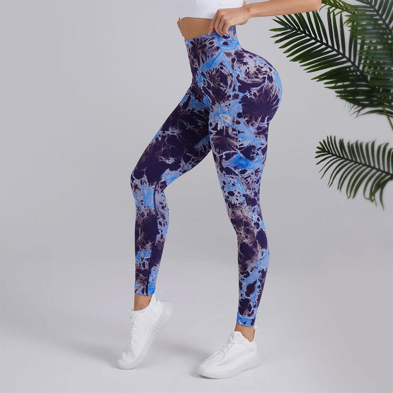 Cheky - Tie-dye Printed Yoga Pants Fashion Seamless High-waisted Hip-lifting Trousers Sports Running Fitness Pants For Womens Clothing