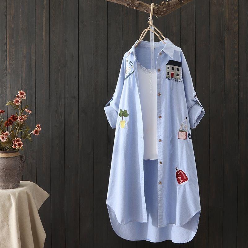 Cheky - Cotton shirt women's loose medium length top women's embroidered shirt jacket