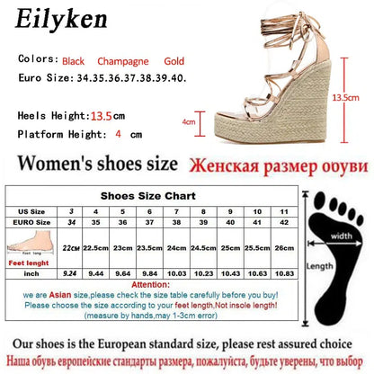 Cheky - Eilyken 2024 New Champagne Gold Wedges Sandals Women Lace-Up Peep Toe Summer High Heels Elegant Ankle Strap Shoes Large Size 42