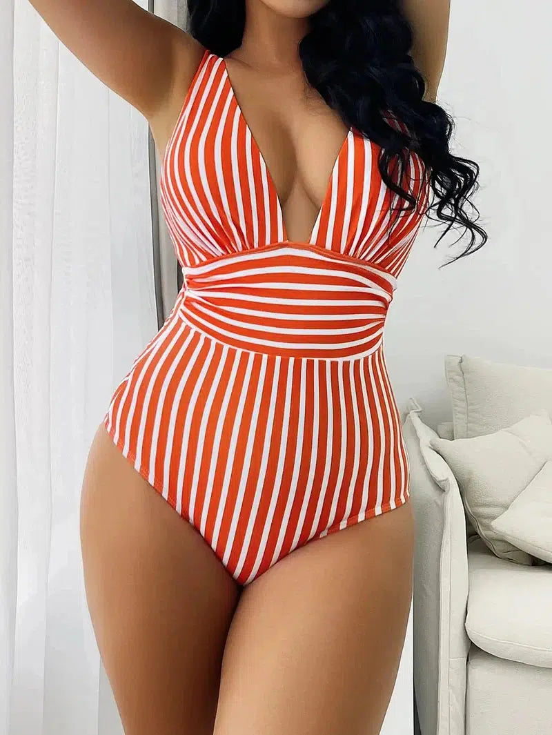 Cheky - Striped One Piece Swimsuit Vintage Swimwear Women V-neck Bathing Swimming Suit Female Summer Beachwear Bodysuit