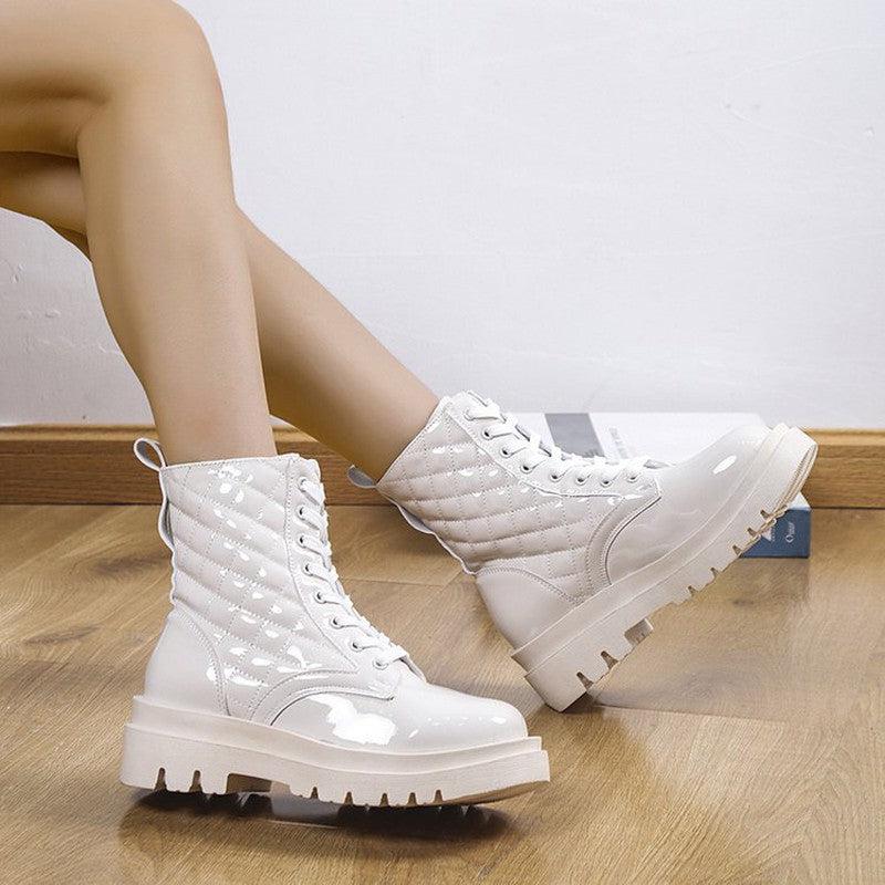 Cheky - Lace-up Thick-heeled Boots Winter Casual Round Toe Platform Ankle Boots Women Fashion Quilted Pattern Minimalist Motorcycle Shoes