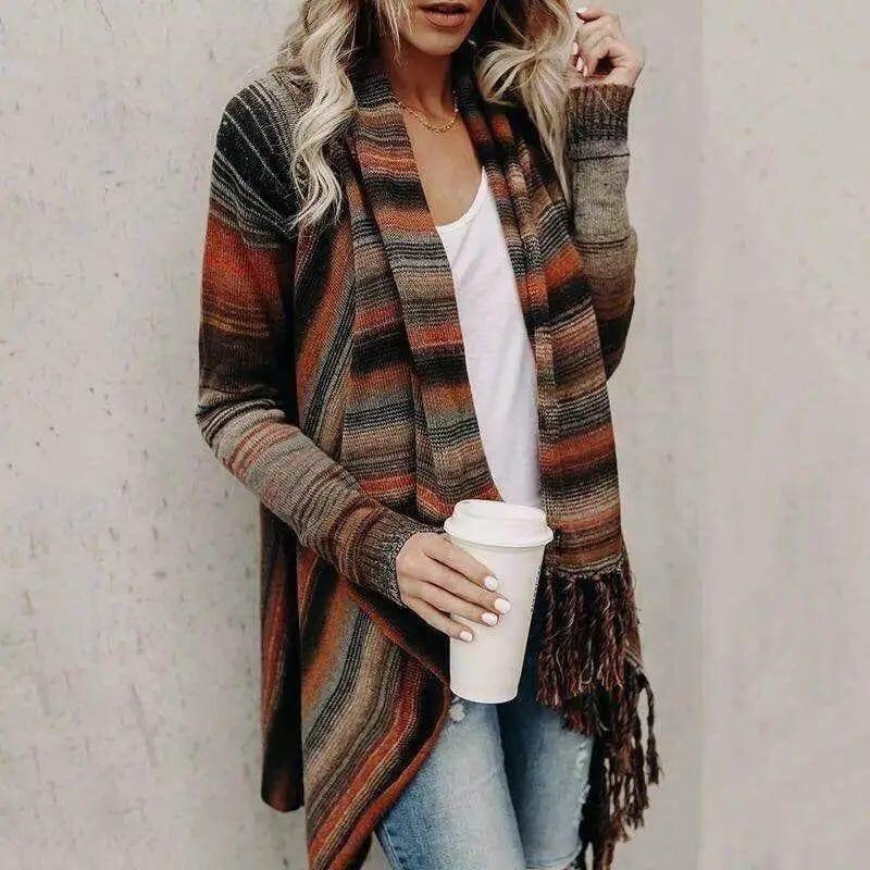 Cheky - Mid-length slim fashion tassel striped jacket sweater