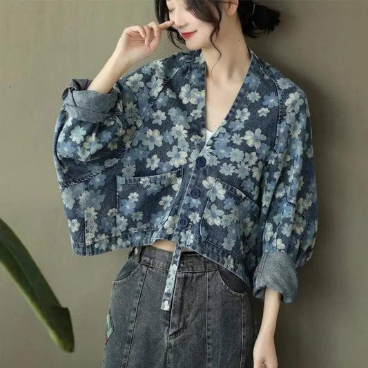 Cheky - Printed Denim Short Jacket Ladies Loose Bat Sleeve Cardigan