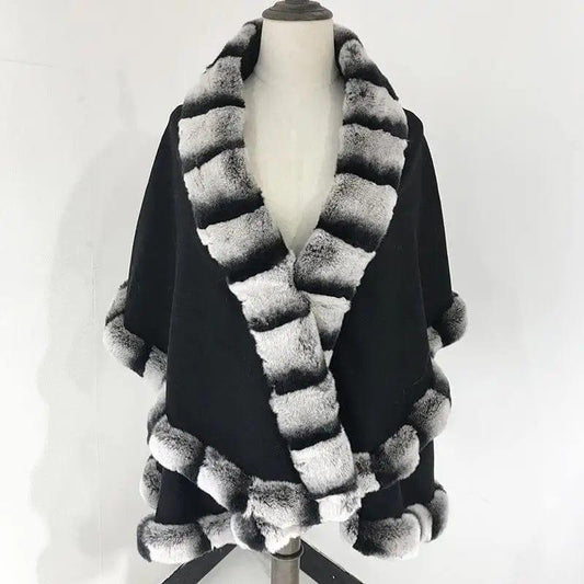 Cheky - Shawl Cloak Fox Fur Stitching Cashmere Coat